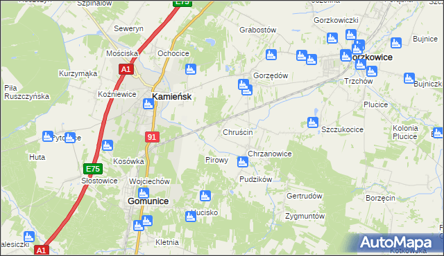 mapa Chruścin gmina Gomunice, Chruścin gmina Gomunice na mapie Targeo