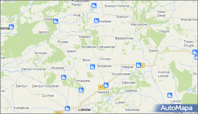 mapa Chrusty gmina Lisków, Chrusty gmina Lisków na mapie Targeo