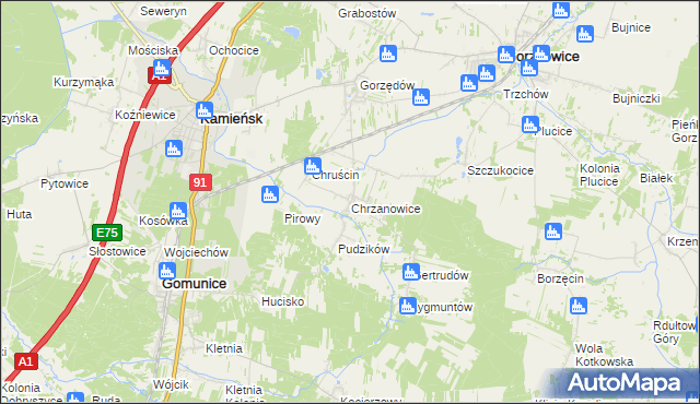 mapa Chrzanowice gmina Gomunice, Chrzanowice gmina Gomunice na mapie Targeo