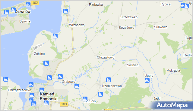 mapa Chrząstowo gmina Kamień Pomorski, Chrząstowo gmina Kamień Pomorski na mapie Targeo