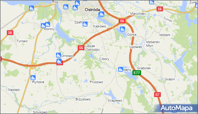 mapa Cibory gmina Ostróda, Cibory gmina Ostróda na mapie Targeo