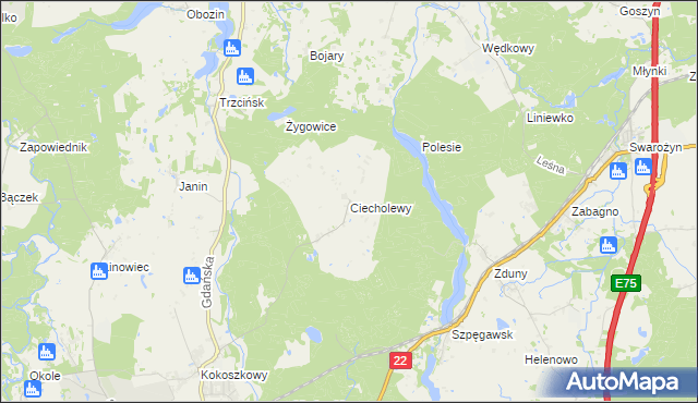 mapa Ciecholewy gmina Starogard Gdański, Ciecholewy gmina Starogard Gdański na mapie Targeo