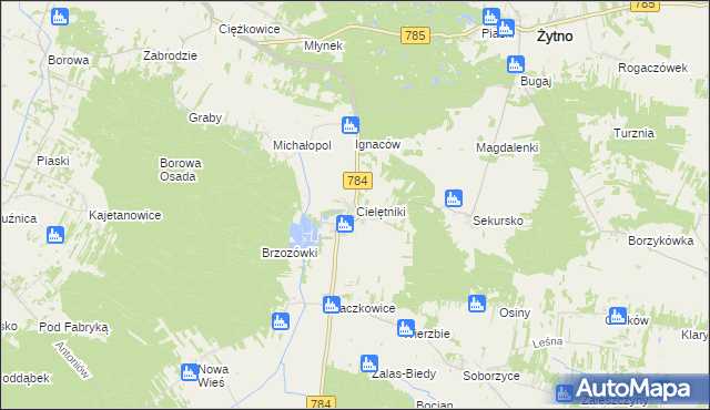 mapa Cielętniki gmina Dąbrowa Zielona, Cielętniki gmina Dąbrowa Zielona na mapie Targeo