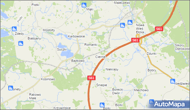 mapa Ciernie gmina Ełk, Ciernie gmina Ełk na mapie Targeo