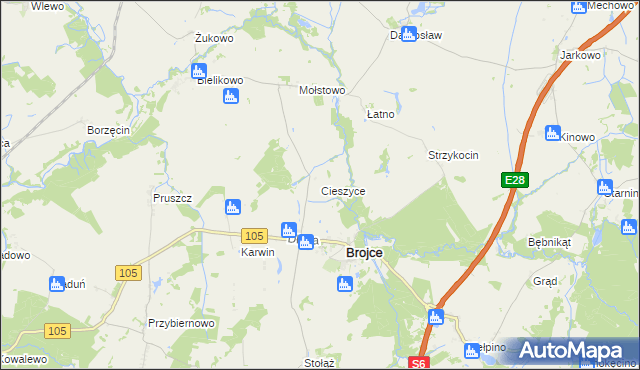 mapa Cieszyce gmina Brojce, Cieszyce gmina Brojce na mapie Targeo