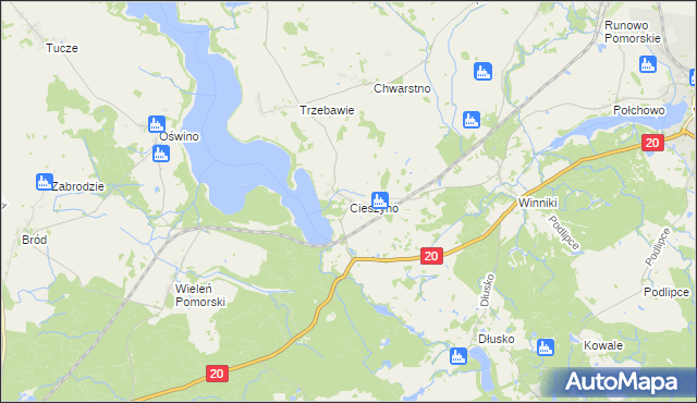 mapa Cieszyno gmina Węgorzyno, Cieszyno gmina Węgorzyno na mapie Targeo