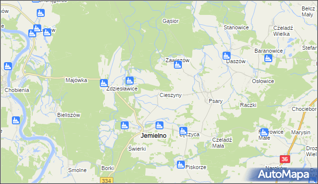 mapa Cieszyny gmina Jemielno, Cieszyny gmina Jemielno na mapie Targeo