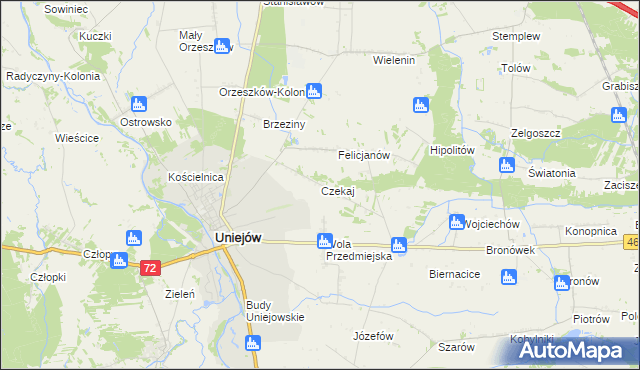 mapa Czekaj gmina Uniejów, Czekaj gmina Uniejów na mapie Targeo