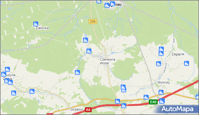 mapa Czerwona Woda gmina Węgliniec, Czerwona Woda gmina Węgliniec na mapie Targeo