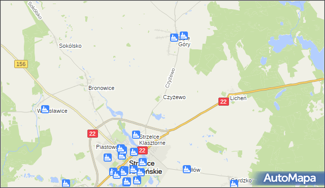 mapa Czyżewo gmina Strzelce Krajeńskie, Czyżewo gmina Strzelce Krajeńskie na mapie Targeo