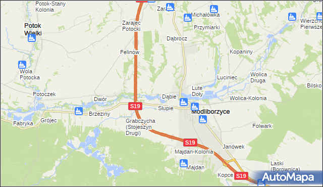 mapa Dąbie gmina Modliborzyce, Dąbie gmina Modliborzyce na mapie Targeo