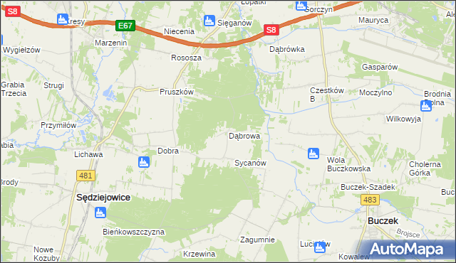 mapa Dąbrowa gmina Buczek, Dąbrowa gmina Buczek na mapie Targeo