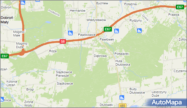 mapa Dąbrowa gmina Dłutów, Dąbrowa gmina Dłutów na mapie Targeo