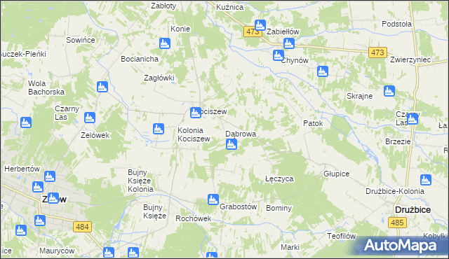 mapa Dąbrowa gmina Zelów, Dąbrowa gmina Zelów na mapie Targeo