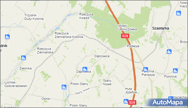 mapa Dąbrowica gmina Potok Wielki, Dąbrowica gmina Potok Wielki na mapie Targeo