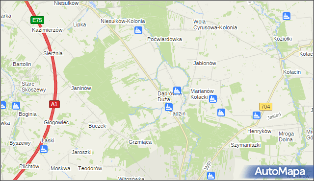 mapa Dąbrówka Duża gmina Brzeziny, Dąbrówka Duża gmina Brzeziny na mapie Targeo