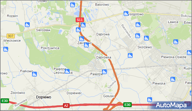 mapa Dąbrówka gmina Dopiewo, Dąbrówka gmina Dopiewo na mapie Targeo