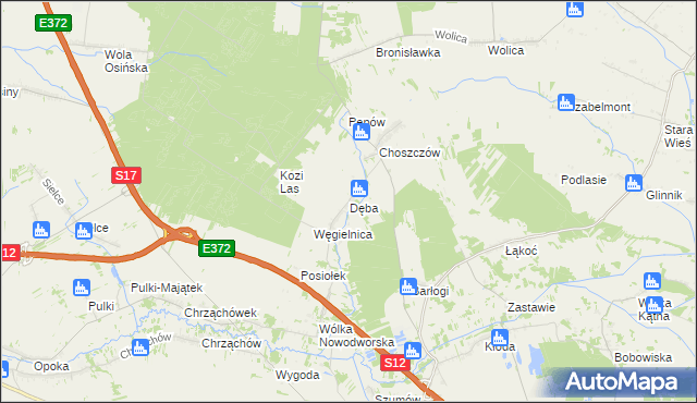 mapa Dęba gmina Kurów, Dęba gmina Kurów na mapie Targeo