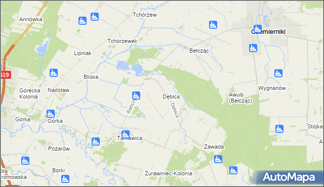 mapa Dębica gmina Ostrówek, Dębica gmina Ostrówek na mapie Targeo