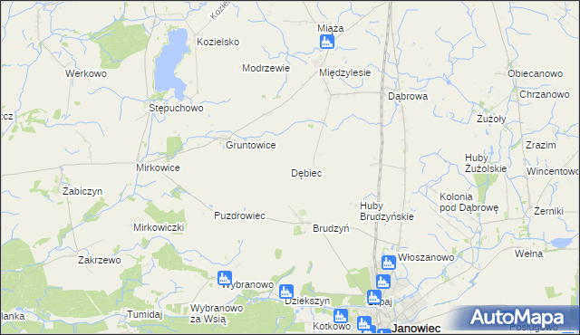 mapa Dębiec gmina Janowiec Wielkopolski, Dębiec gmina Janowiec Wielkopolski na mapie Targeo