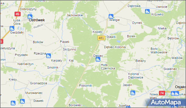 mapa Dębiec gmina Ostrówek, Dębiec gmina Ostrówek na mapie Targeo