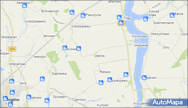 mapa Dębina gmina Janikowo, Dębina gmina Janikowo na mapie Targeo