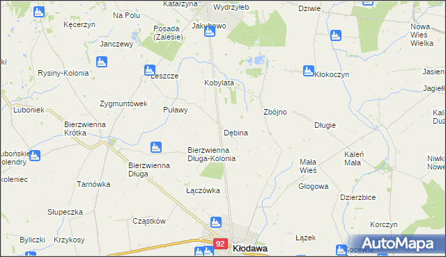 mapa Dębina gmina Kłodawa, Dębina gmina Kłodawa na mapie Targeo