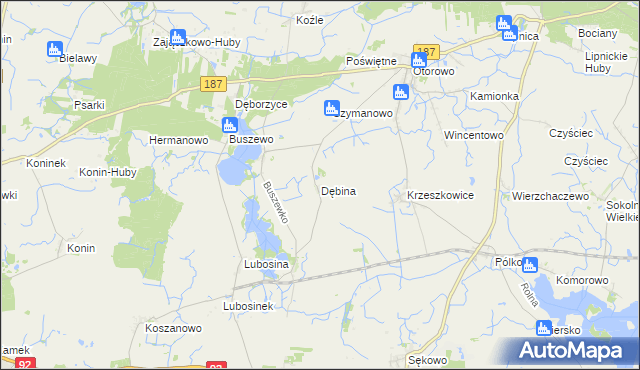 mapa Dębina gmina Pniewy, Dębina gmina Pniewy na mapie Targeo