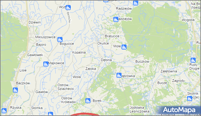 mapa Dębina gmina Rzezawa, Dębina gmina Rzezawa na mapie Targeo