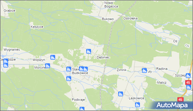 mapa Dębiniec gmina Murów, Dębiniec gmina Murów na mapie Targeo