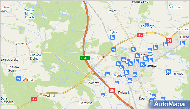 mapa Dębno gmina Rawicz, Dębno gmina Rawicz na mapie Targeo