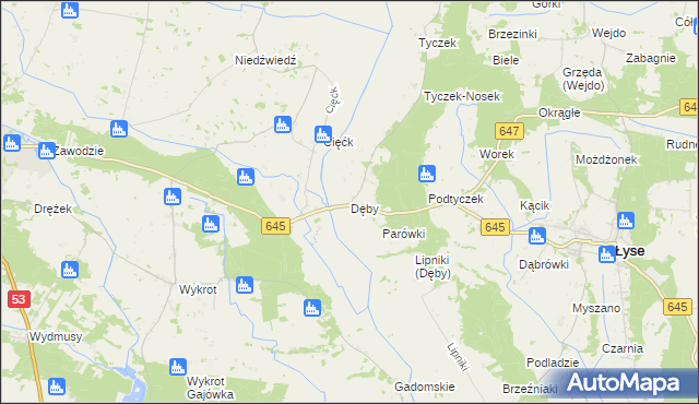 mapa Dęby gmina Łyse, Dęby gmina Łyse na mapie Targeo