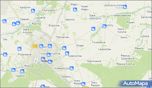 mapa Długie gmina Koluszki, Długie gmina Koluszki na mapie Targeo