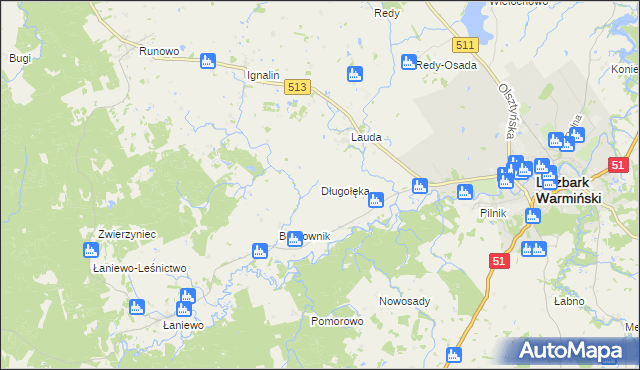 mapa Długołęka gmina Lidzbark Warmiński, Długołęka gmina Lidzbark Warmiński na mapie Targeo