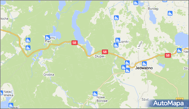 mapa Dłużek gmina Jedwabno, Dłużek gmina Jedwabno na mapie Targeo