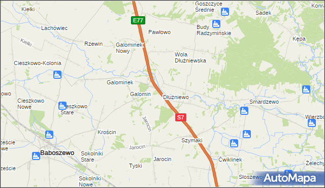 mapa Dłużniewo gmina Baboszewo, Dłużniewo gmina Baboszewo na mapie Targeo