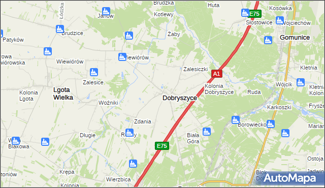 mapa Dobryszyce, Dobryszyce na mapie Targeo