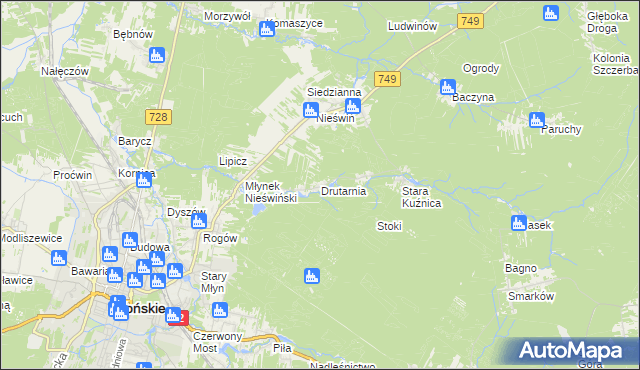 mapa Drutarnia gmina Końskie, Drutarnia gmina Końskie na mapie Targeo