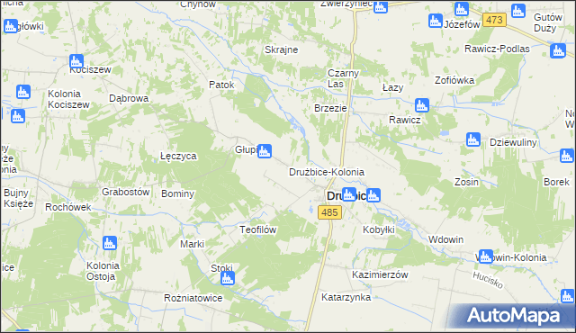 mapa Drużbice-Kolonia, Drużbice-Kolonia na mapie Targeo