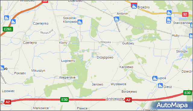 mapa Drzązgowo gmina Kostrzyn, Drzązgowo gmina Kostrzyn na mapie Targeo