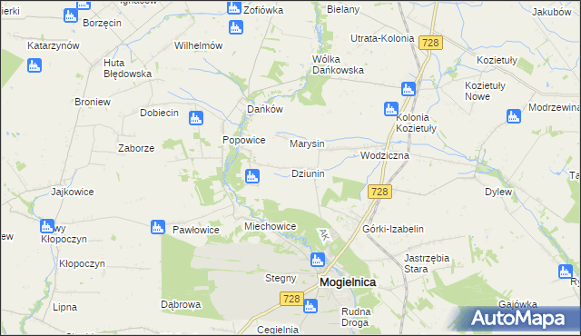 mapa Dziunin gmina Mogielnica, Dziunin gmina Mogielnica na mapie Targeo