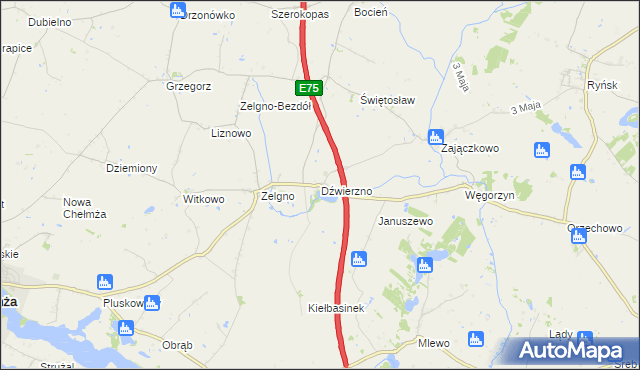 mapa Dźwierzno gmina Chełmża, Dźwierzno gmina Chełmża na mapie Targeo