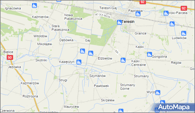 mapa Elżbietów gmina Teresin, Elżbietów gmina Teresin na mapie Targeo