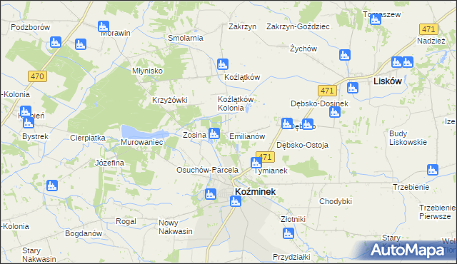 mapa Emilianów gmina Koźminek, Emilianów gmina Koźminek na mapie Targeo