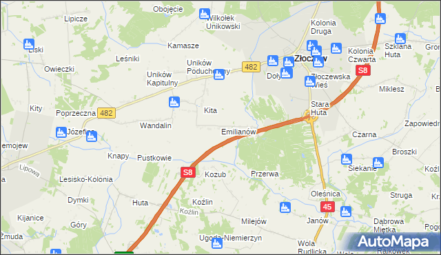 mapa Emilianów gmina Złoczew, Emilianów gmina Złoczew na mapie Targeo