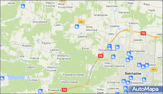 mapa Emilin gmina Bełchatów, Emilin gmina Bełchatów na mapie Targeo