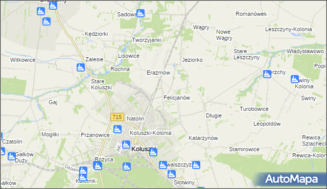 mapa Felicjanów gmina Koluszki, Felicjanów gmina Koluszki na mapie Targeo