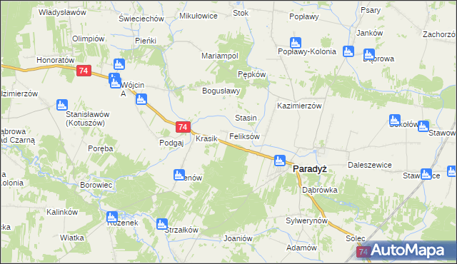 mapa Feliksów gmina Paradyż, Feliksów gmina Paradyż na mapie Targeo