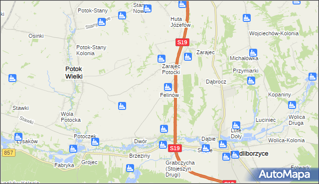 mapa Felinów gmina Modliborzyce, Felinów gmina Modliborzyce na mapie Targeo