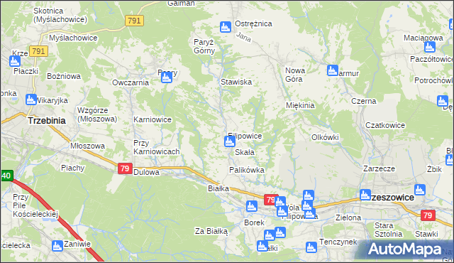 mapa Filipowice gmina Krzeszowice, Filipowice gmina Krzeszowice na mapie Targeo